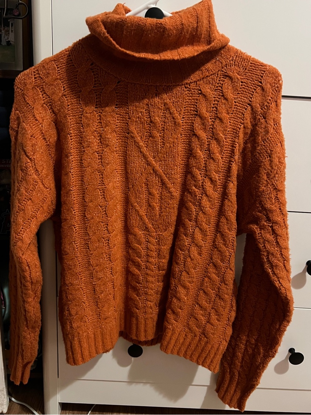 Pink Rose Cable-Knit Cowl Neck Sweater in Rust Orange